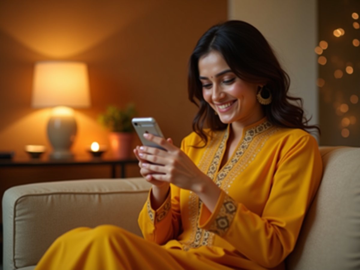 A woman checking her gold savings on her phone at home